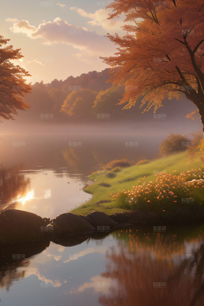 秋天的美景湖泊远景