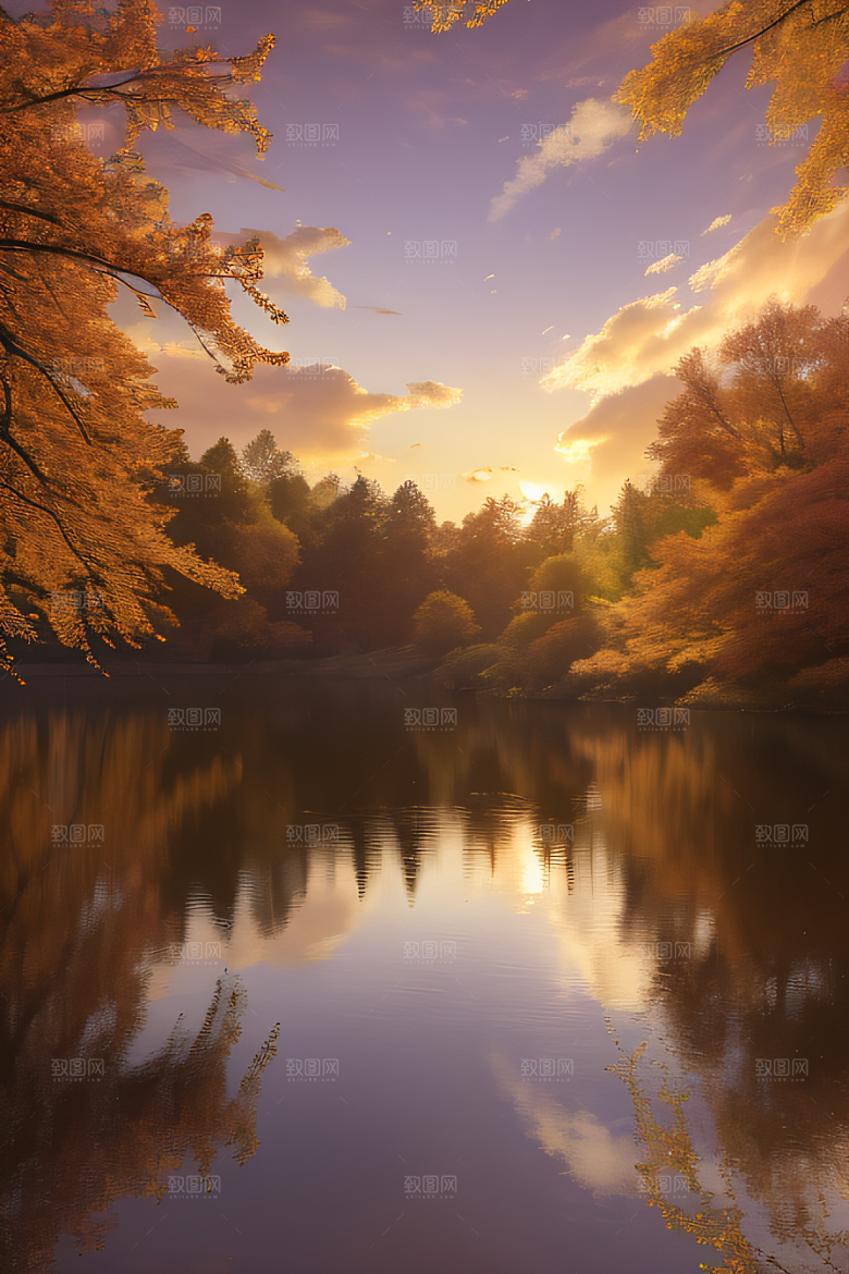 秋天的美景湖泊远景