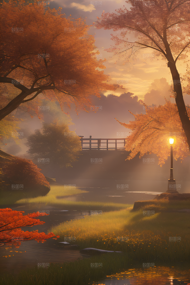 秋天的美景湖泊远景