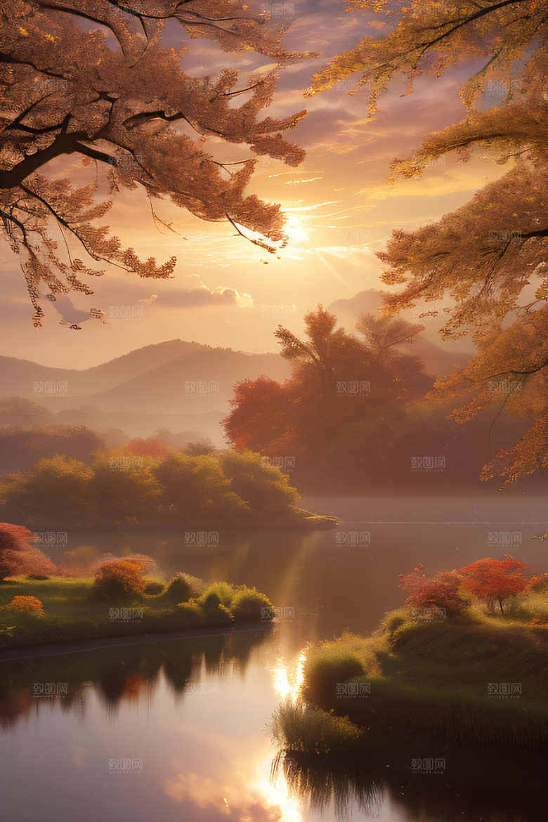 秋天的美景湖泊远景