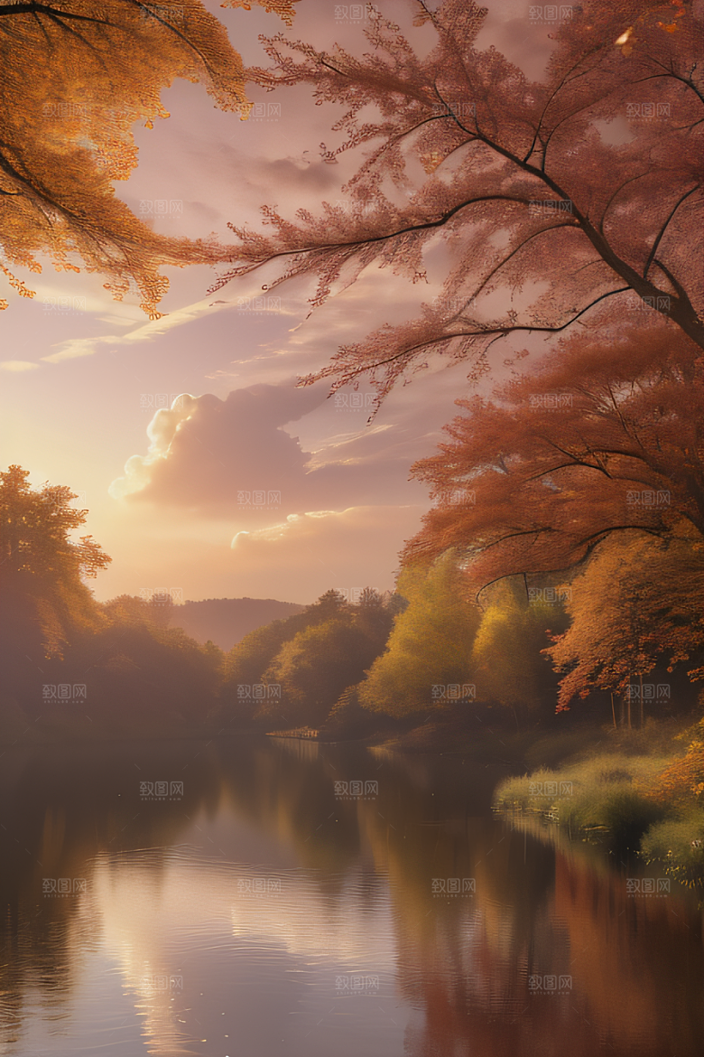 秋天的美景湖泊远景