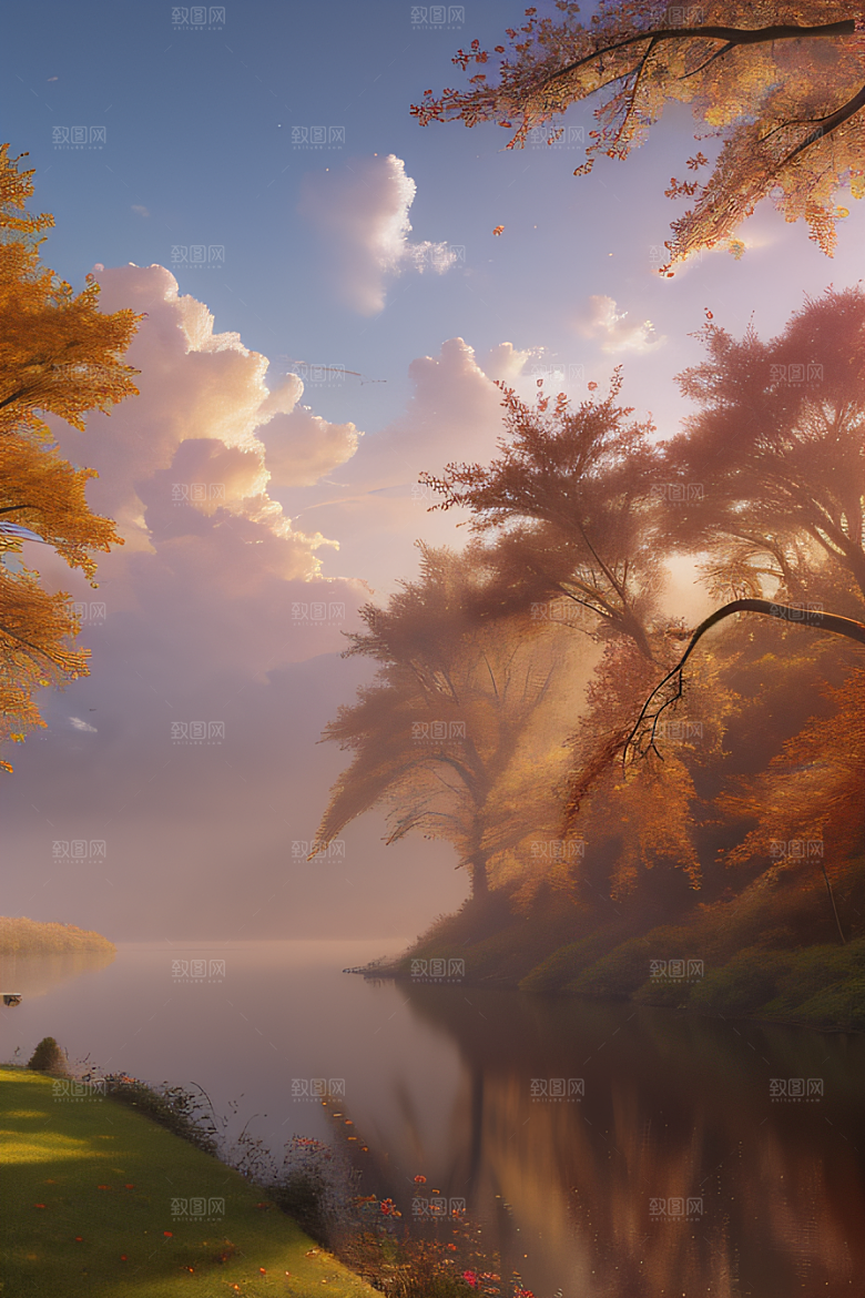 秋天的美景湖泊远景