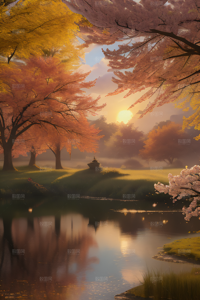 秋天的美景湖泊远景
