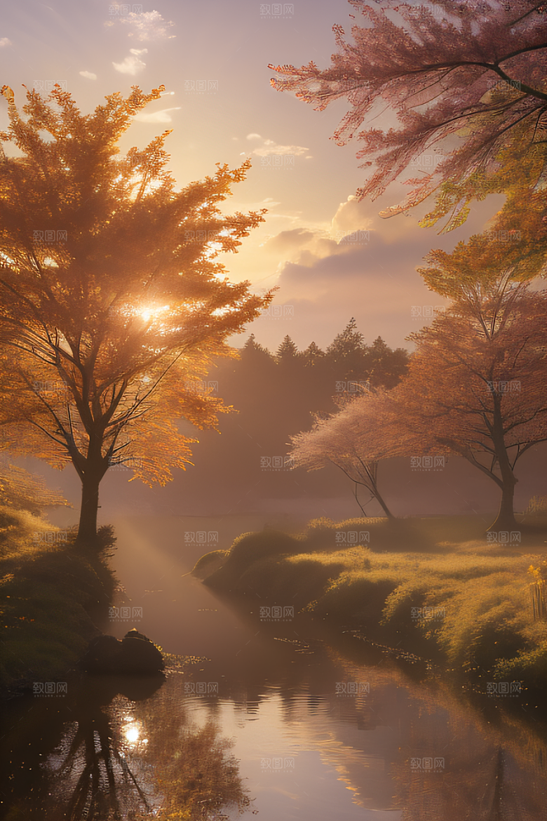 秋天的美景湖泊远景