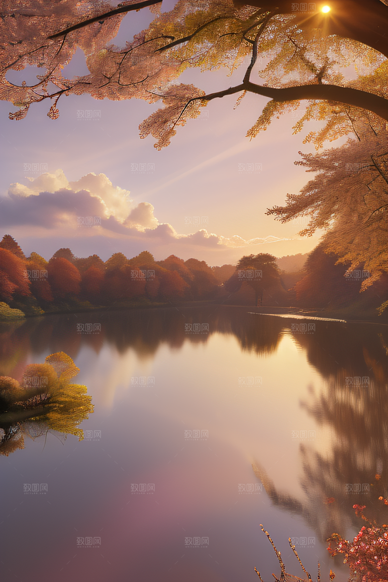 秋天的美景湖泊远景