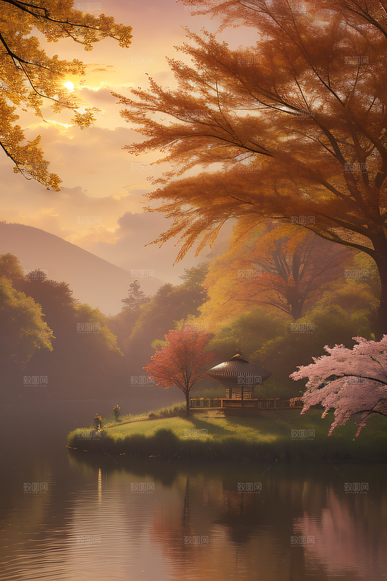 秋天的美景湖泊远景