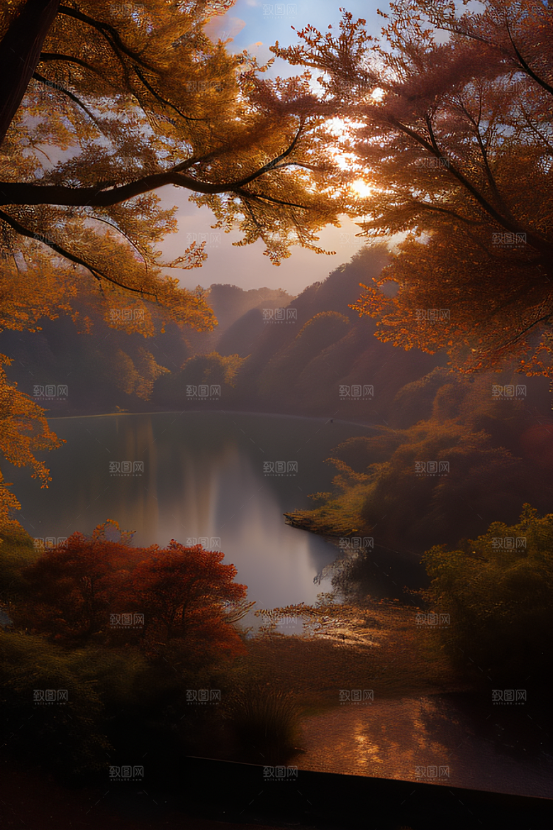 秋天的晨光远眺湖泊的美景