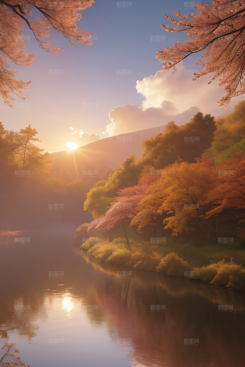 秋天的晨光远眺湖泊的美景