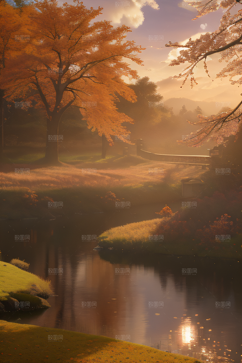 秋天的晨光远眺湖泊的美景