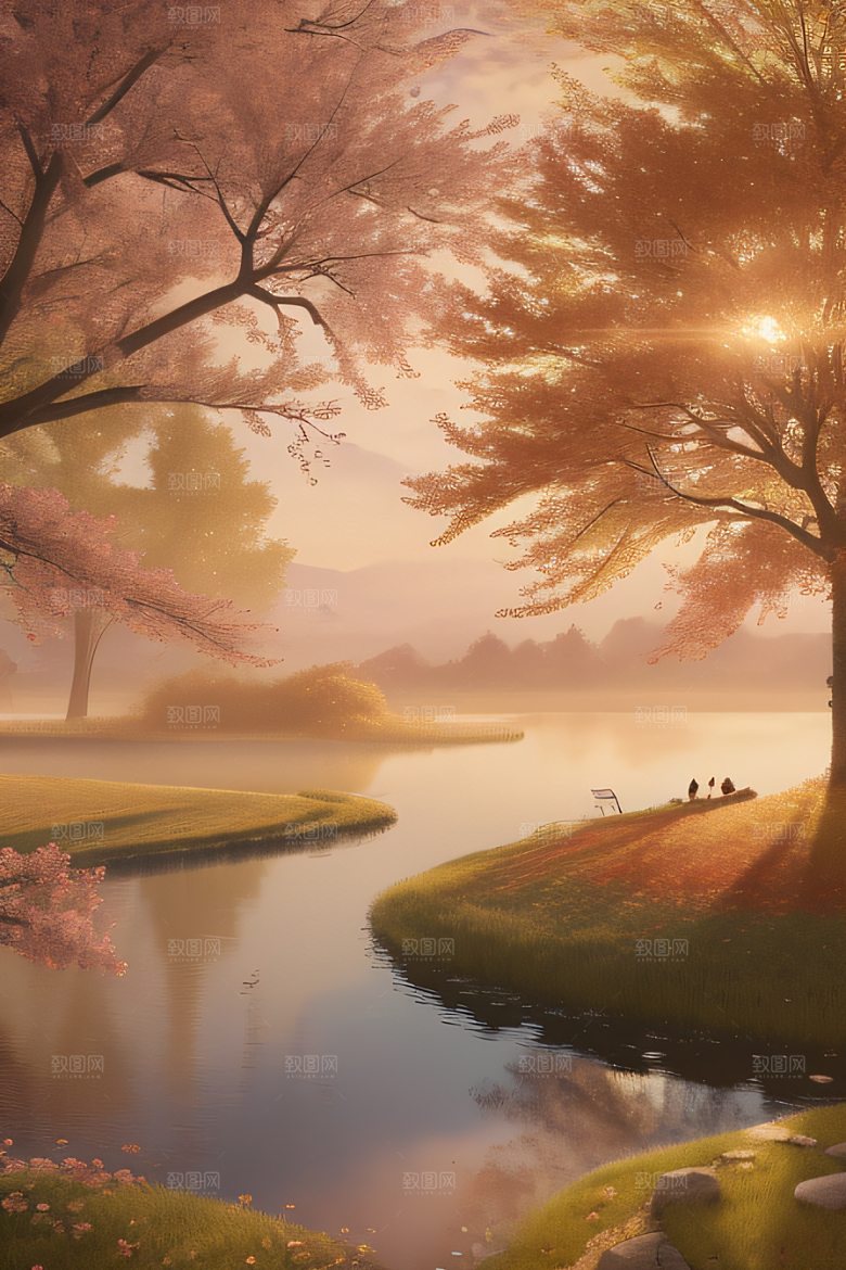 秋天的晨光远眺湖泊的美景