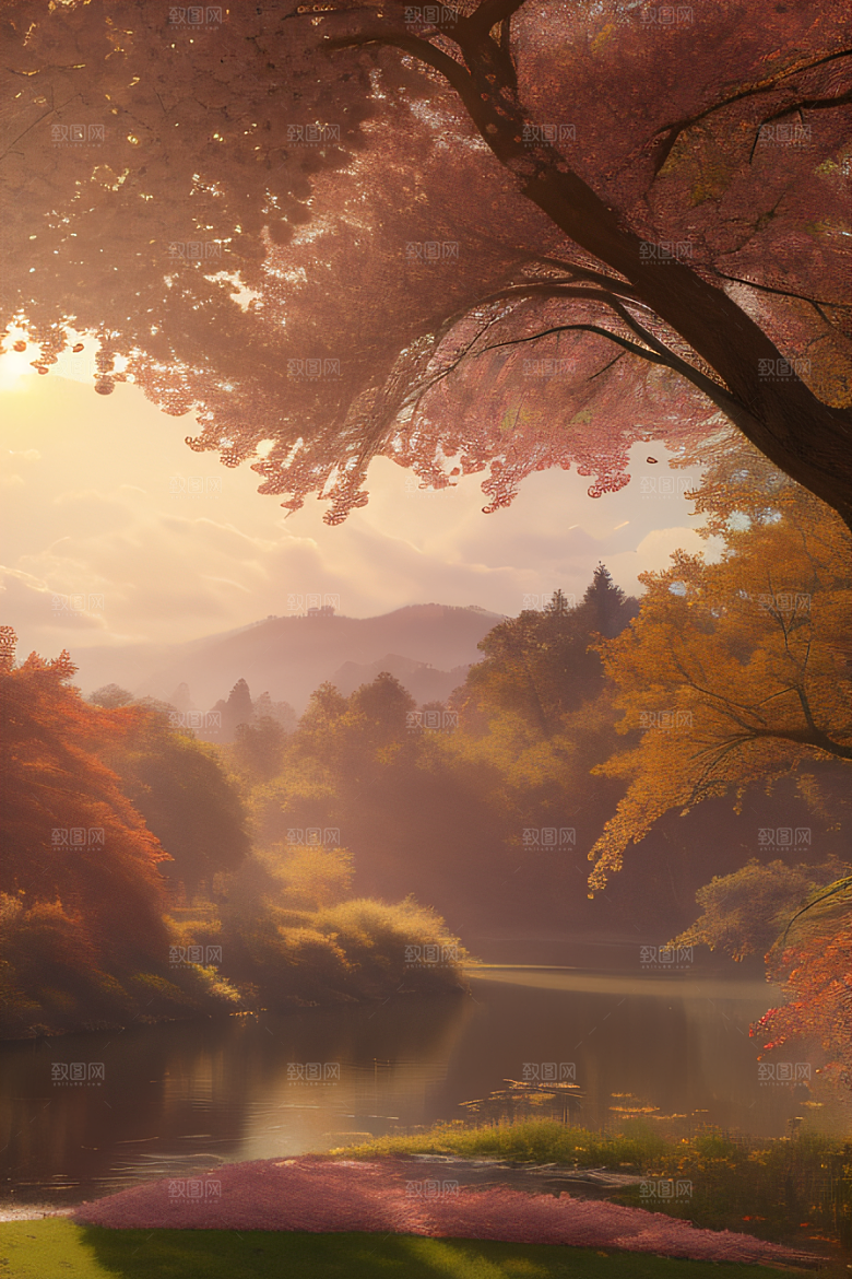 秋天的晨光远眺湖泊的美景