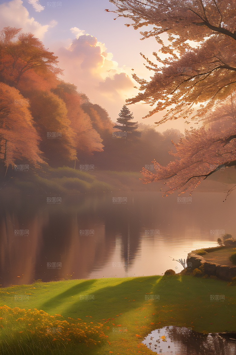 秋天的晨光远眺湖泊的美景