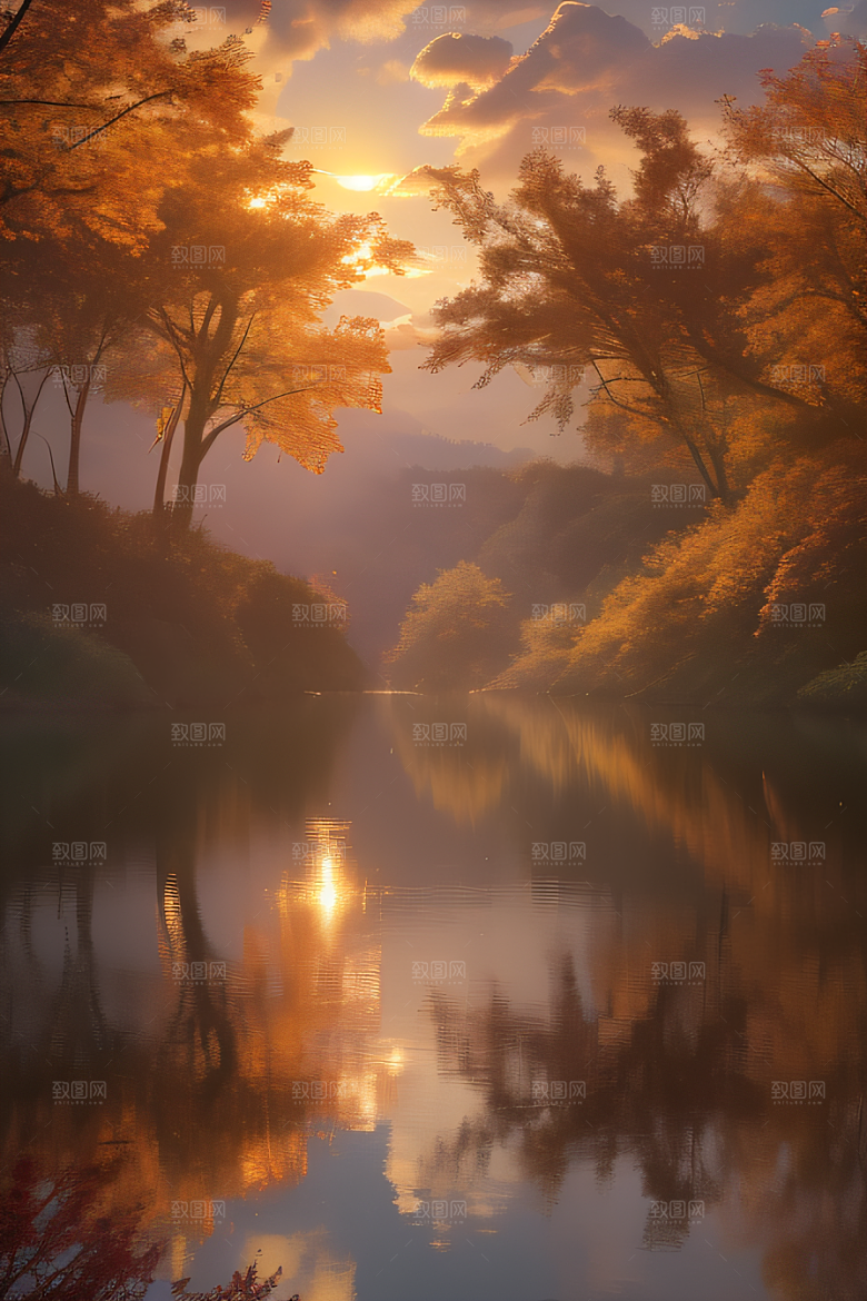 秋天的晨光远眺湖泊的美景