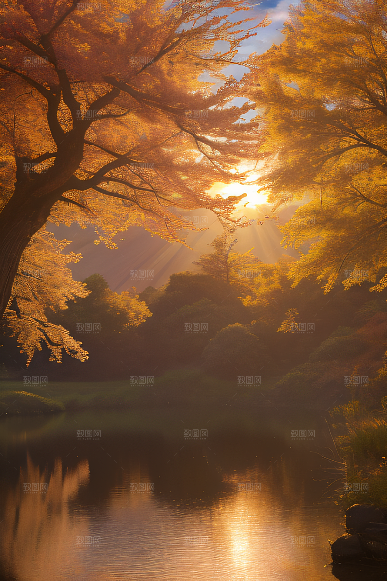 秋天的晨光远眺湖泊的美景