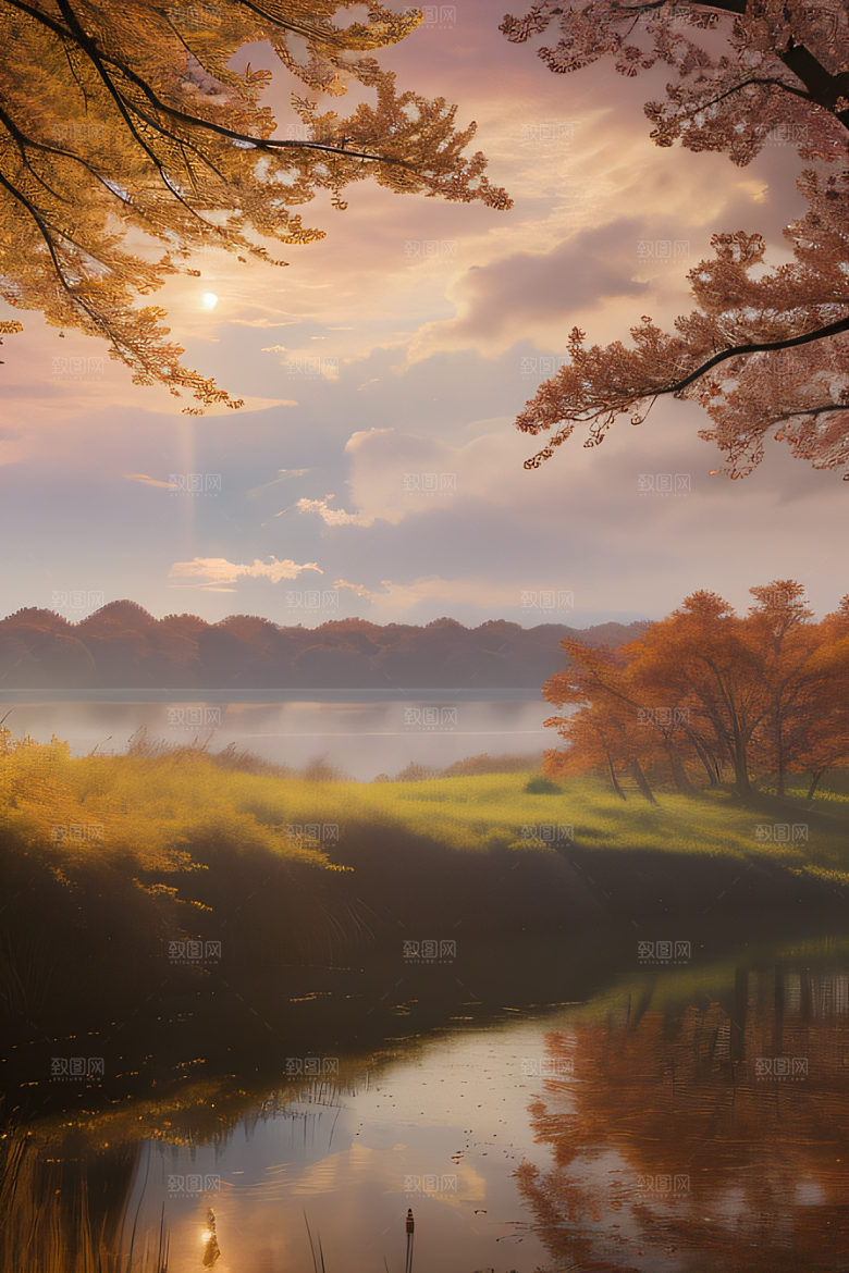 秋天的晨光远眺湖泊的美景