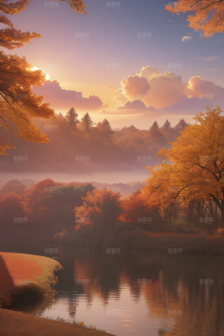 秋天的晨光远眺湖泊的美景