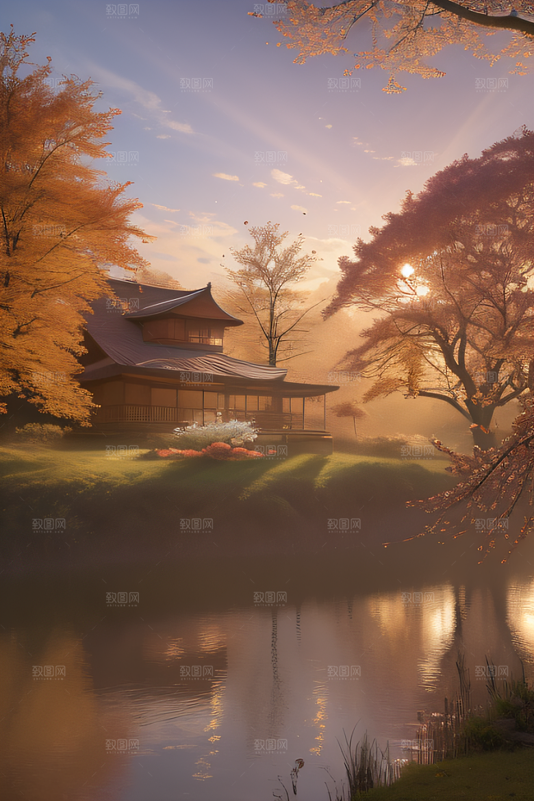 秋天的晨光远眺湖泊的美景