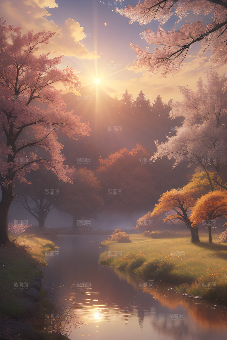 秋天的晨光远眺湖泊的美景