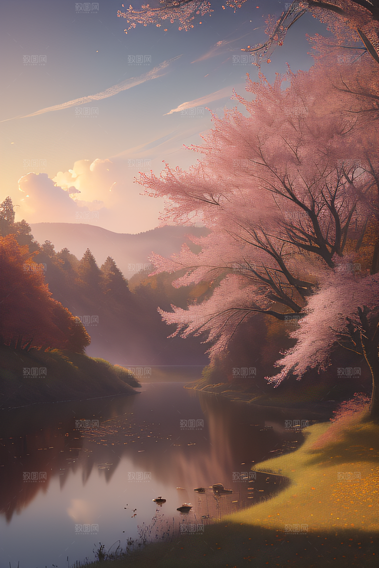 秋天的晨光远眺湖泊的美景