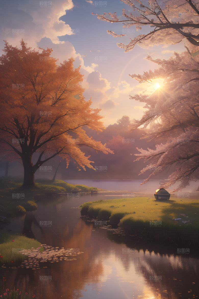 秋天的晨光远眺湖泊的美景