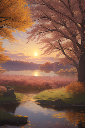 秋天的晨光远眺湖泊的美景