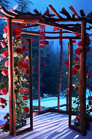 木制展台壮丽红玫瑰花园图片