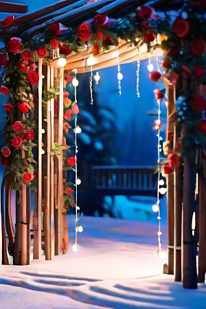 木制展台壮丽红玫瑰花园图片