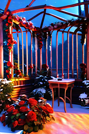 烛光照明冰封红玫瑰花园之夜图片