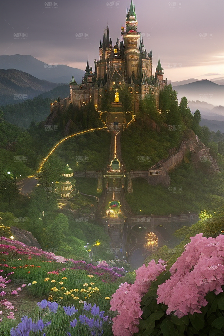 绿色仙境缤纷花海与烟雾