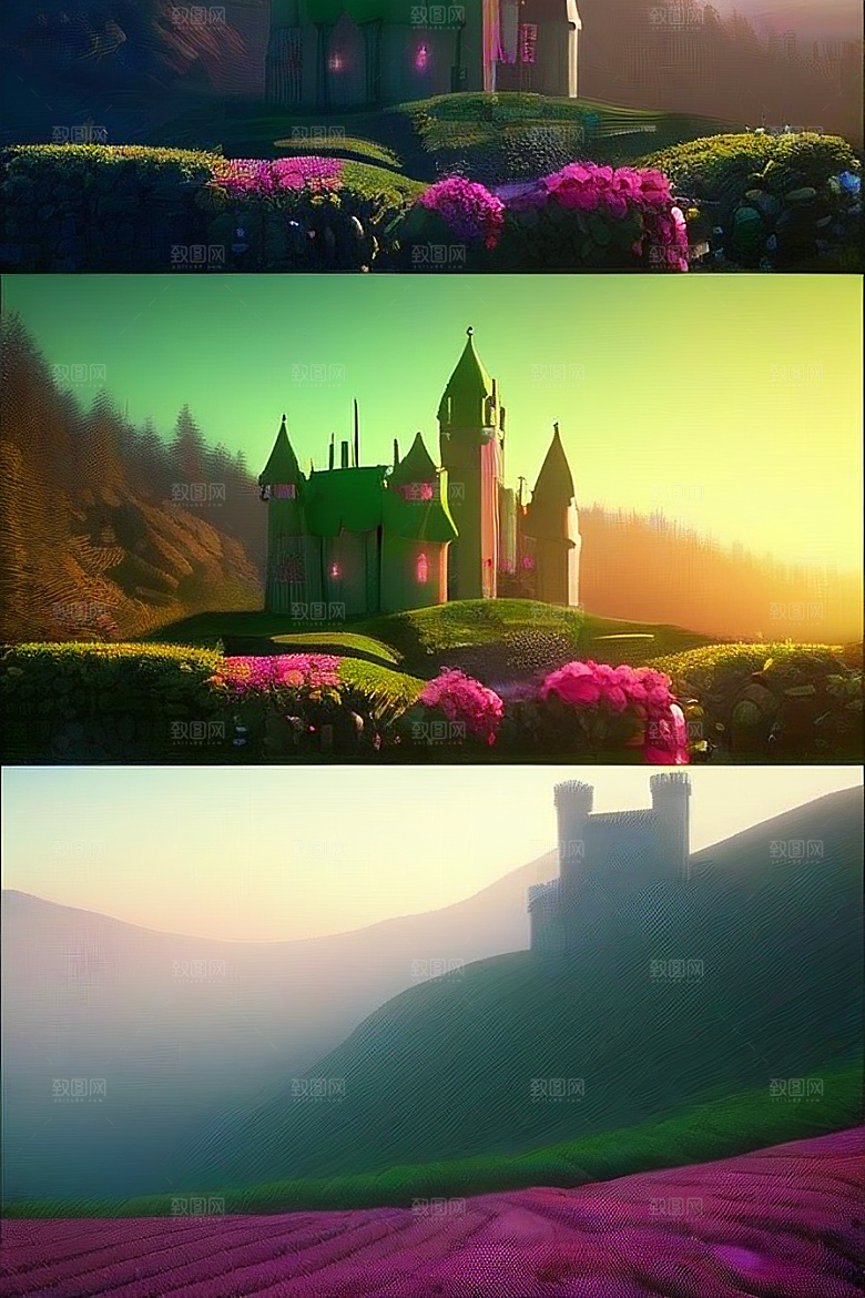 绿色仙境缤纷花海与烟雾