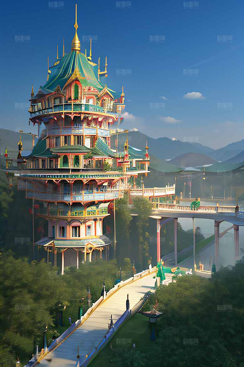 玉石与翡翠的天空宫殿金色瀑布效果