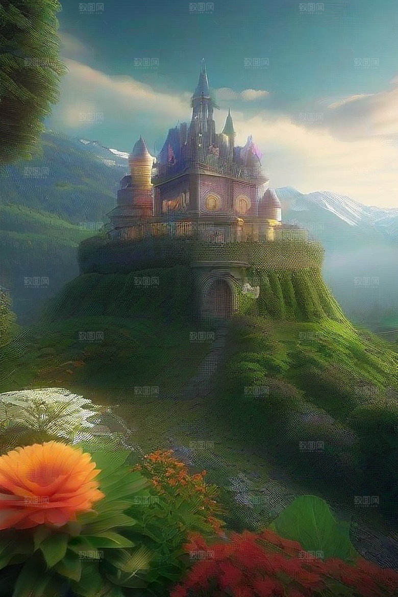 绿色仙境缤纷花海与烟雾