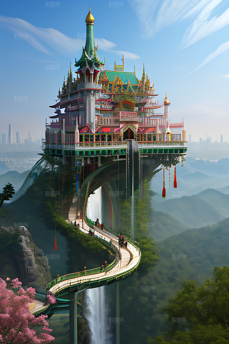 玉石与翡翠的天空宫殿金色瀑布效果