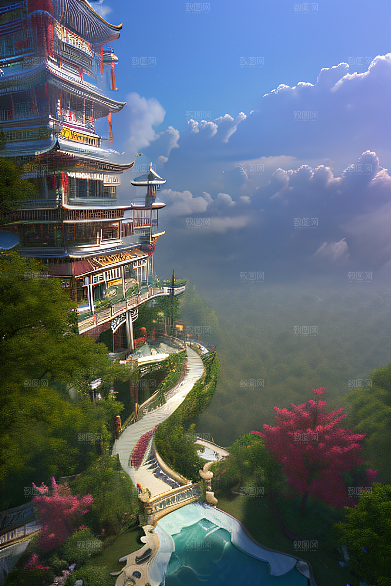 玉石与翡翠的天空宫殿金色瀑布效果