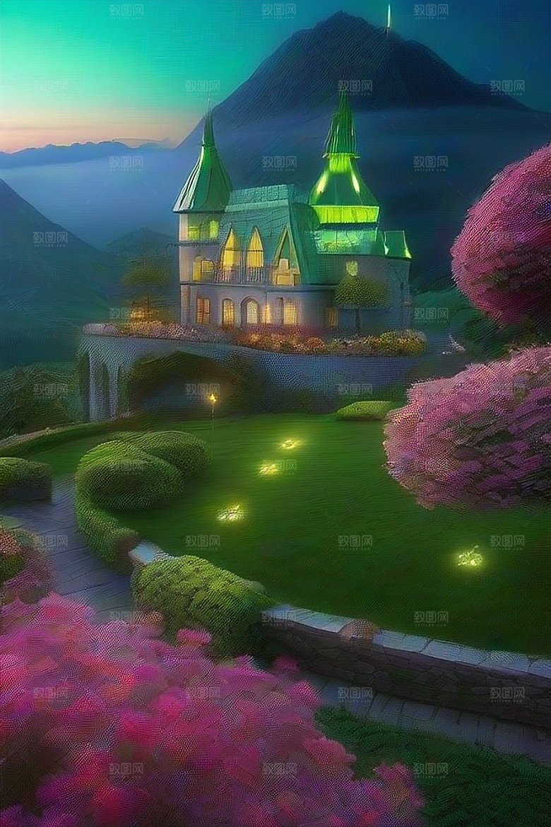 绿色仙境雨后晨光下的烟雾与花丛