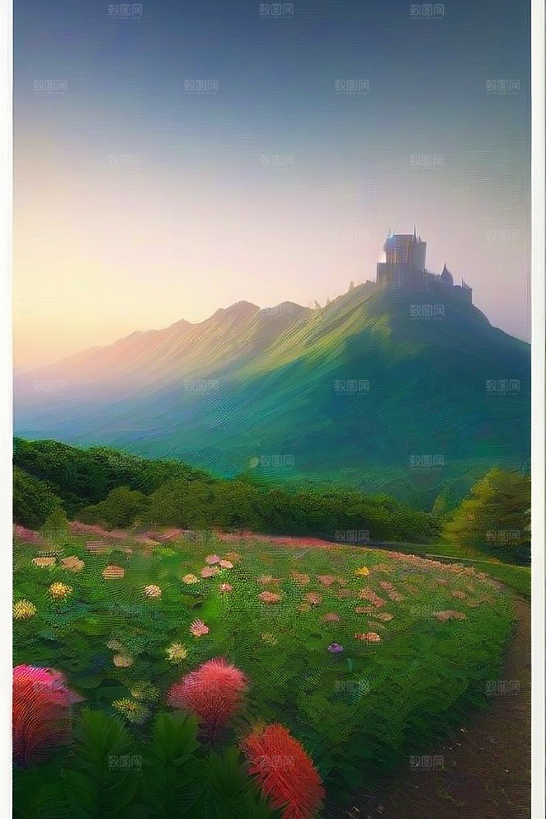光环环绕的绿色仙境多彩花丛与山峦