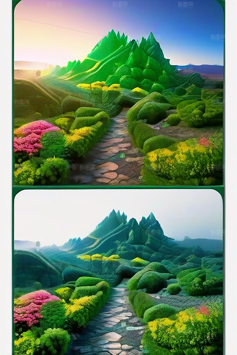 光环环绕的绿色仙境多彩花丛与山峦