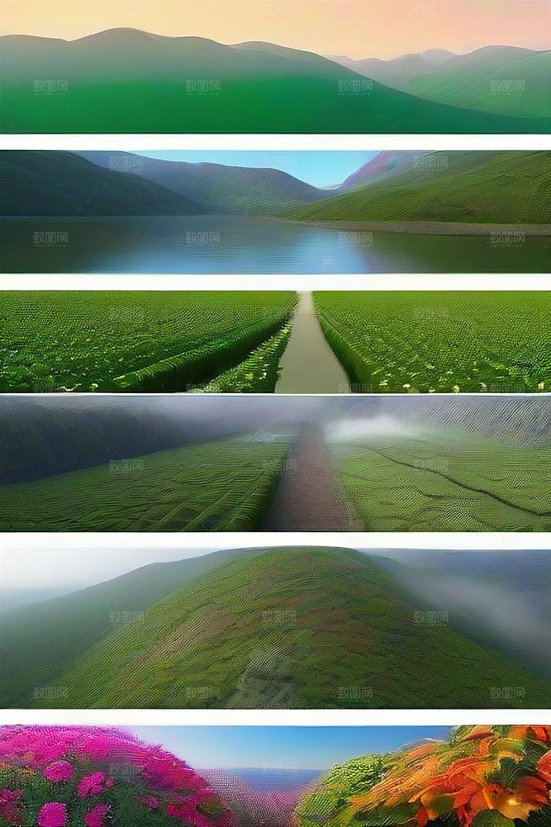 超写实细节的绿色仙境花海与山峦