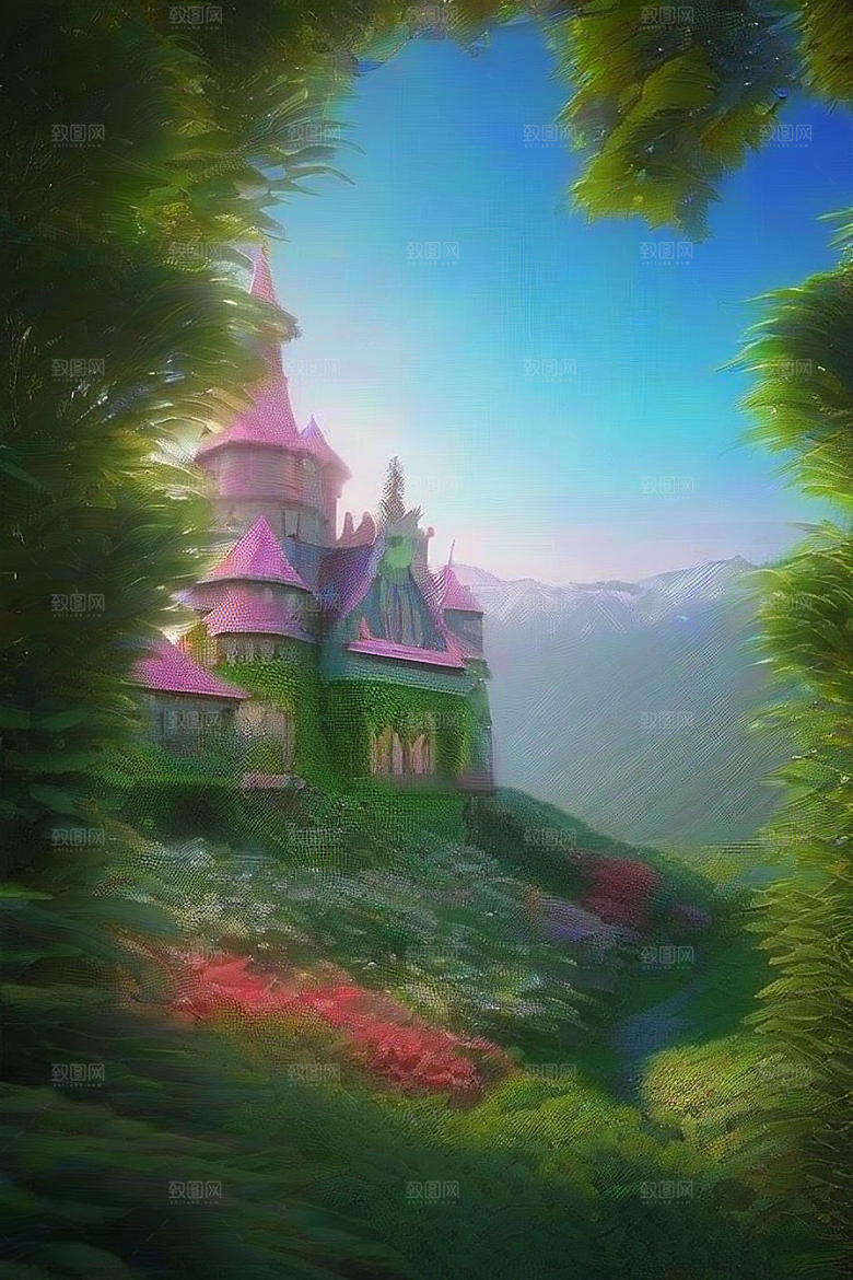 绿色仙境中的童话城堡缤纷花海与烟雾