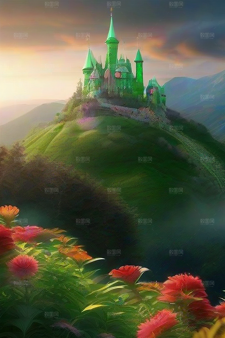 绿色仙境缤纷花海与烟雾
