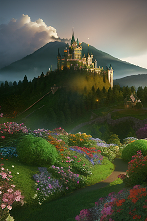 绿色仙境中的童话城堡花海与烟雾