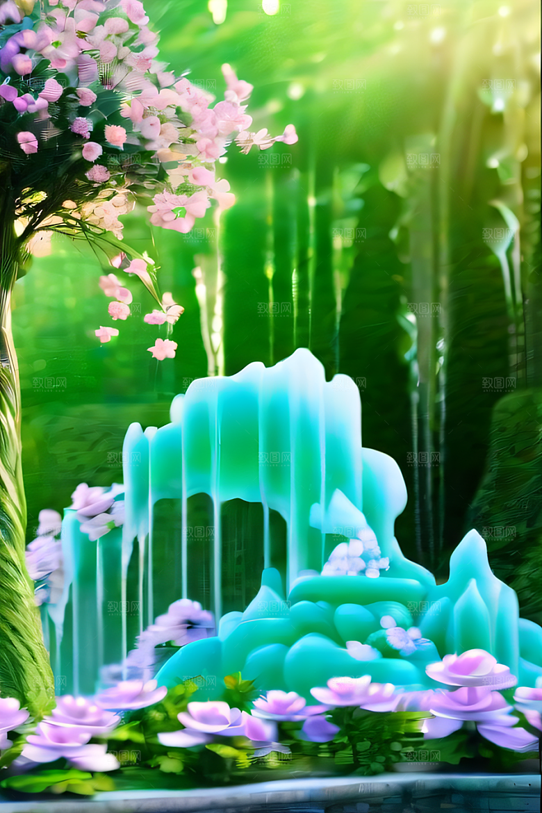 唯美夢幻玉石瀑布效果的绽放玫瑰水晶宫