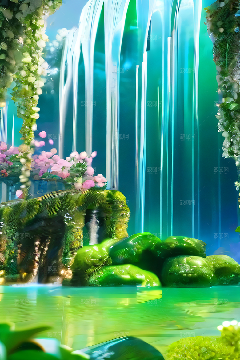 唯美夢幻玉石瀑布效果的绽放玫瑰水晶宫
