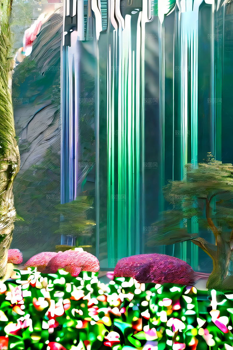 唯美夢幻玉石瀑布效果的绽放玫瑰水晶宫