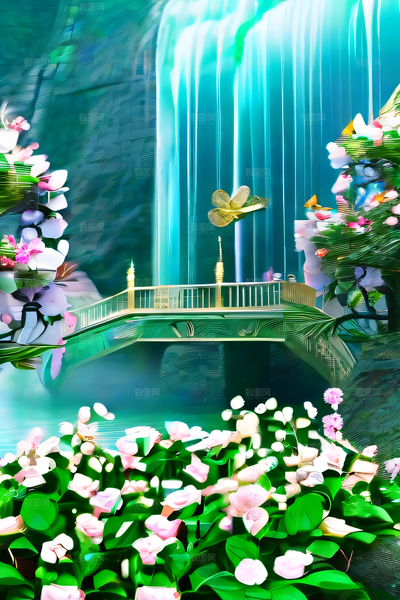 唯美夢幻玉石瀑布效果的绽放玫瑰水晶宫