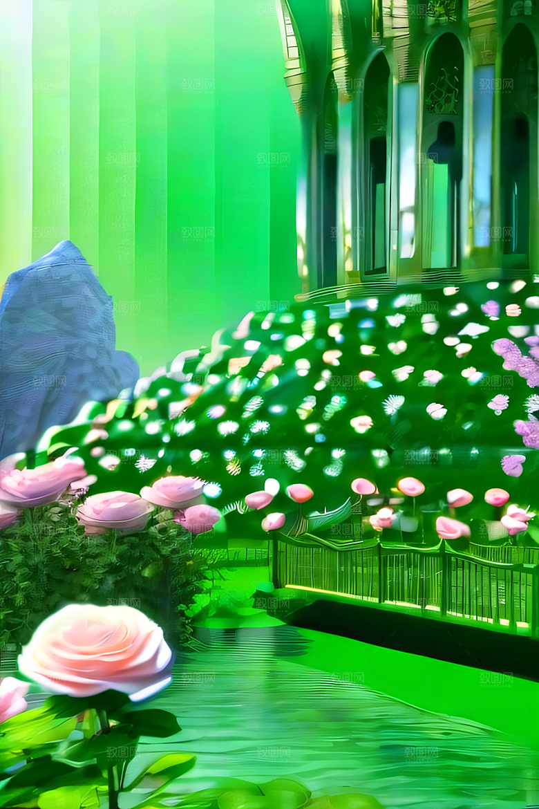 唯美夢幻玉石瀑布效果的绽放玫瑰水晶宫