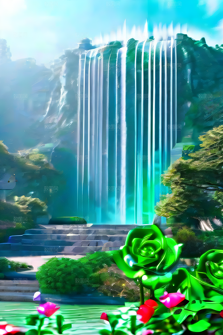 唯美夢幻玉石瀑布效果的绽放玫瑰水晶宫
