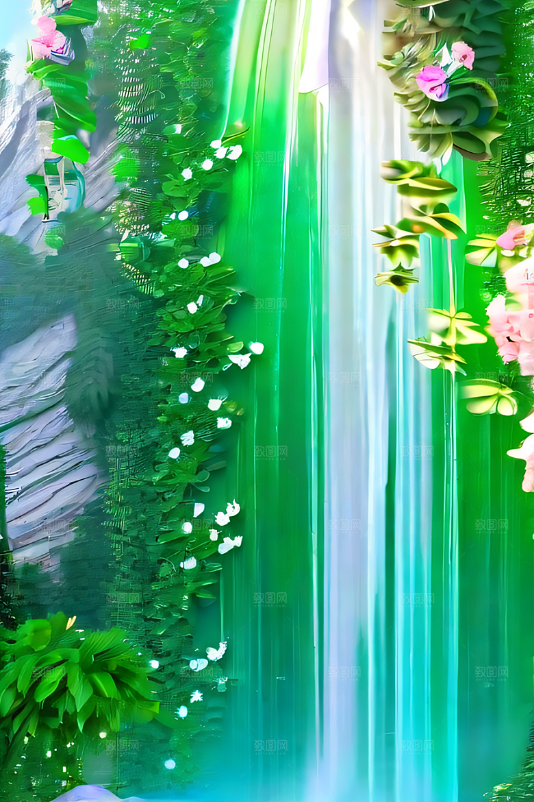 唯美夢幻玉石瀑布效果的绽放玫瑰水晶宫