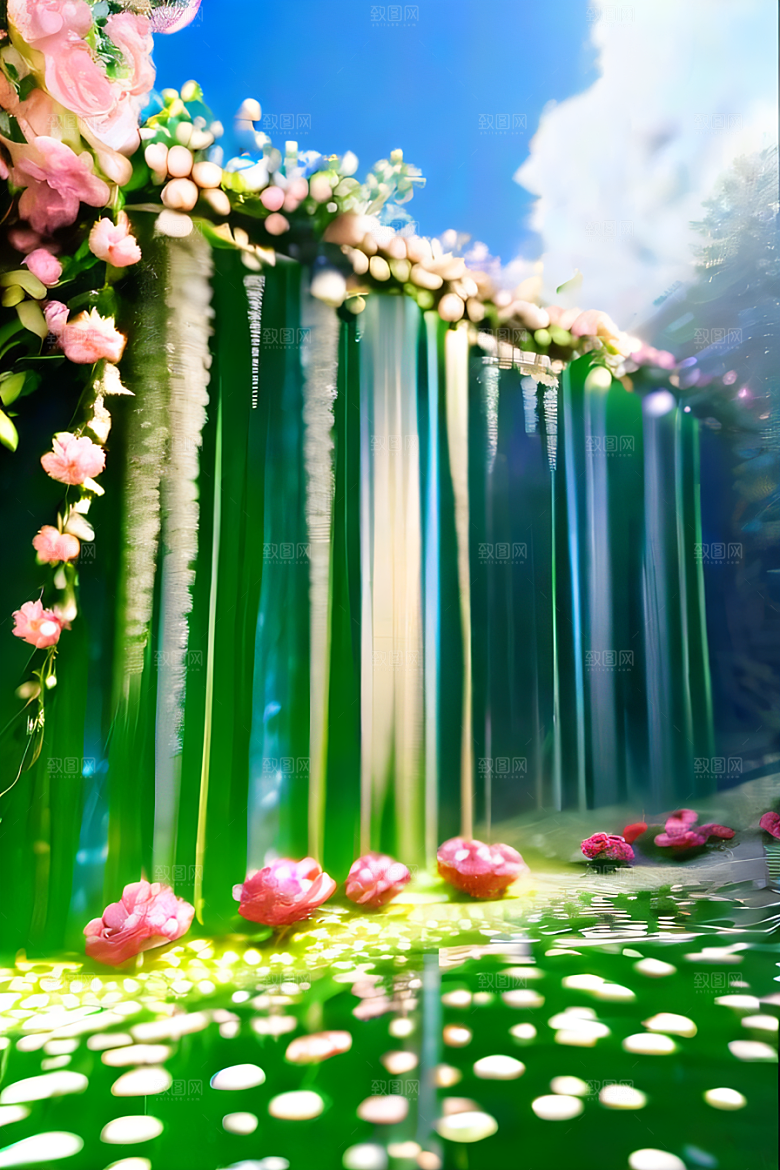 唯美夢幻玉石瀑布效果的绽放玫瑰水晶宫