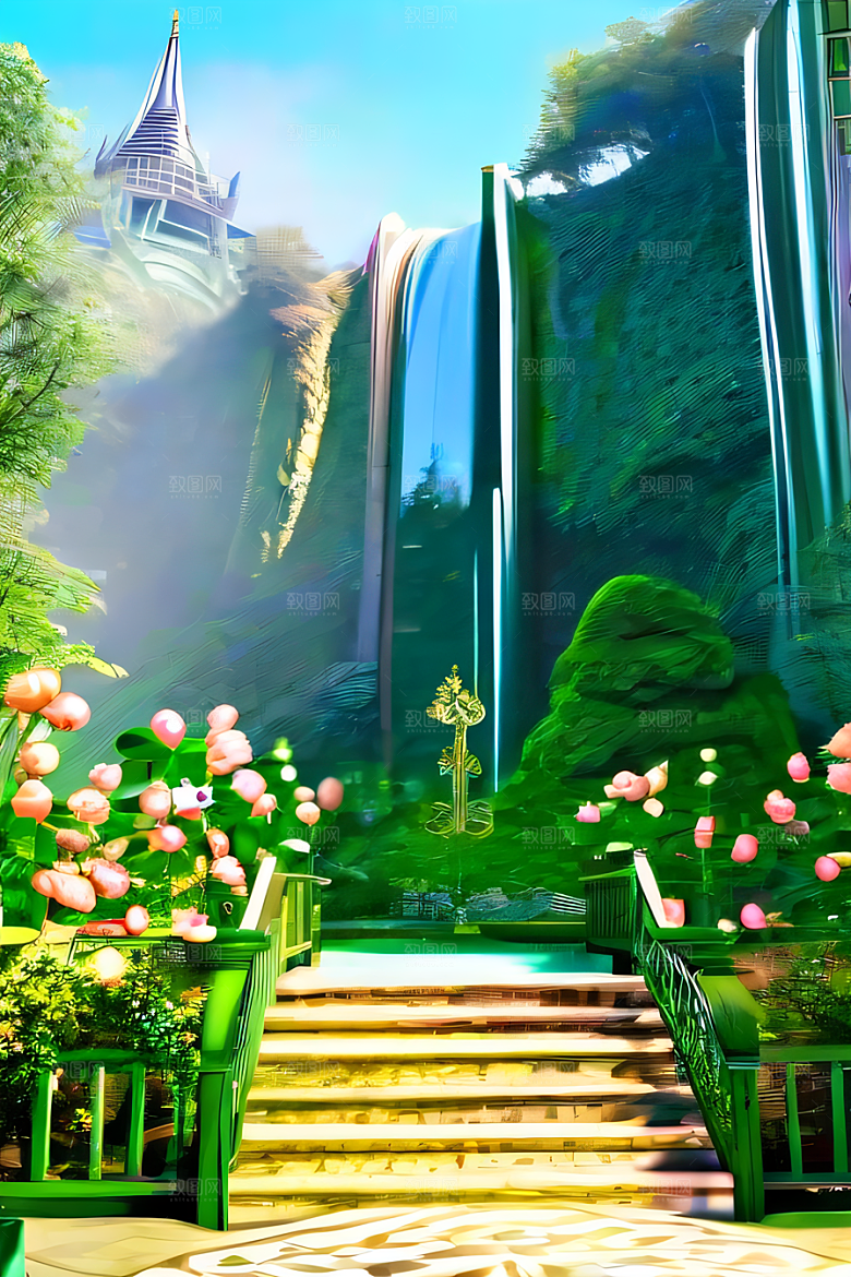唯美夢幻玉石瀑布效果的绽放玫瑰水晶宫